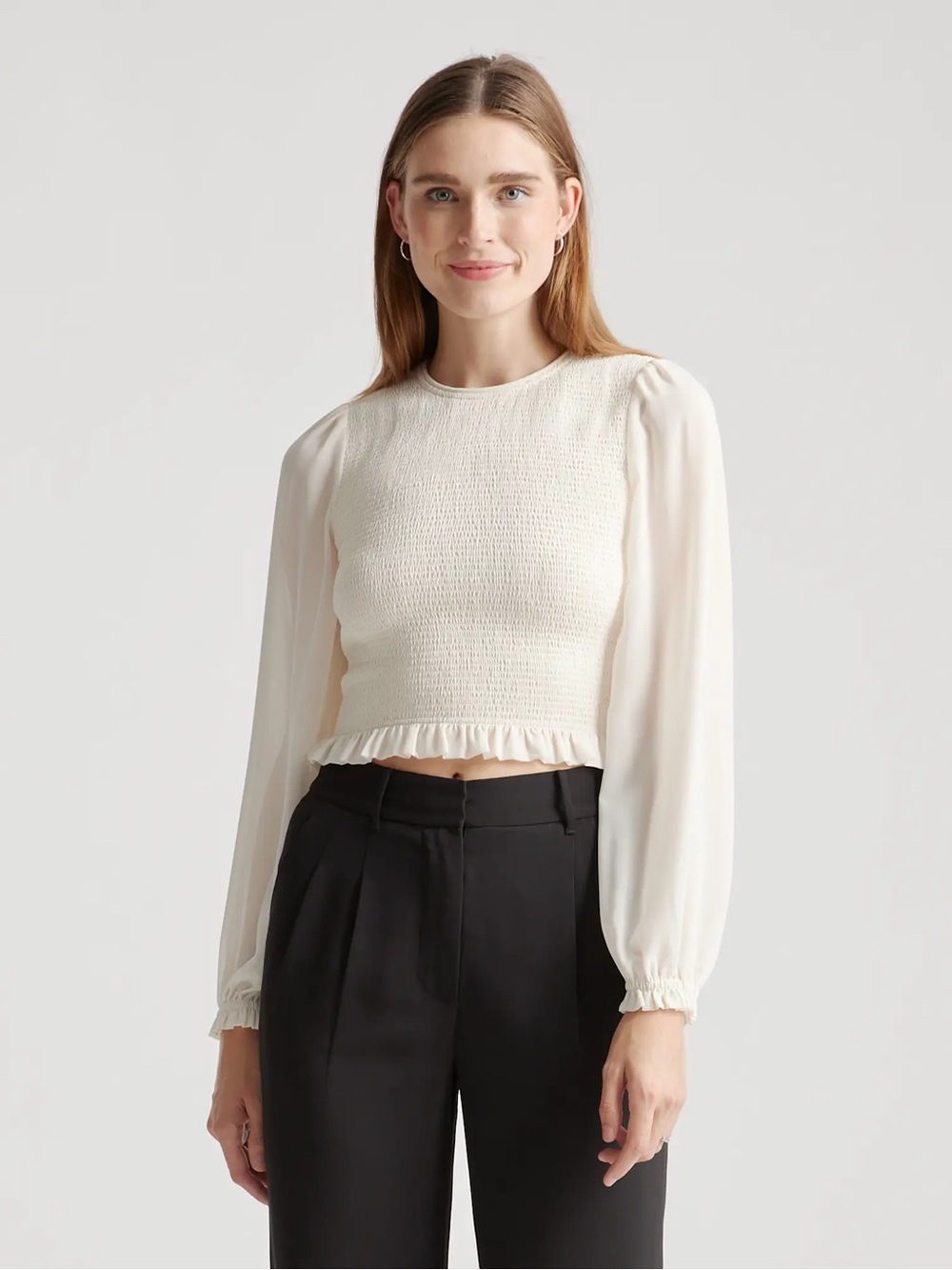 Quince Ivory Chiffon Cropped Smocked Blouse Medium Sheer Puff Sleeve Top